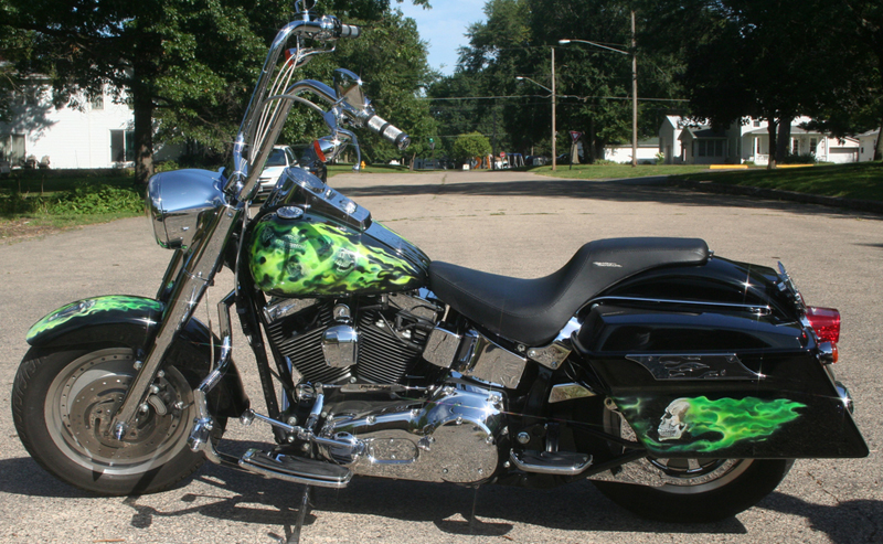 Green Realistic Flames and Skulls Motorcycle Airbrush Art by Veronica Deevers