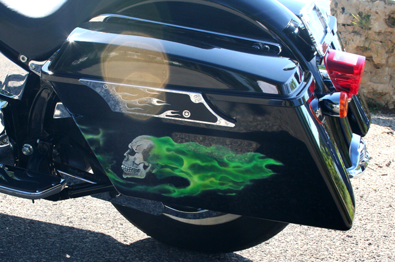 Toxic Green Real Flames and Skulls Motorcycle by Veronica Deevers