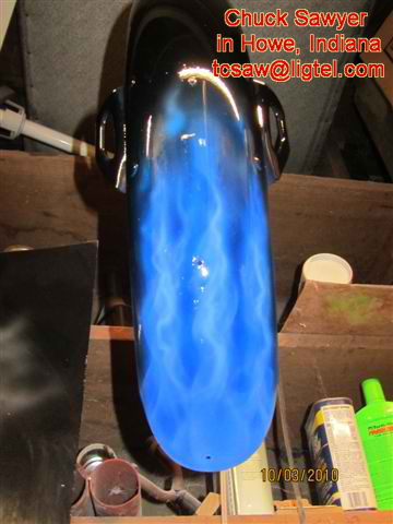 Airbrushing Blue Realistic Flames on Harley Fender by Chuck Sawyer