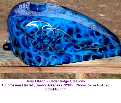 Blue Realistic Flames chopper tanks by Jerry Ellison