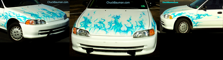 White Honda Civic car with Blue Realistic Flames Airbrushing Custom Paint