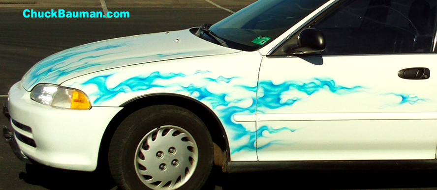 blue realistic flame airbrushed on white Honda Civic car from driver's side