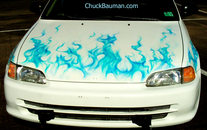 blue realistic flame airbrushed on white Honda Civic car hood