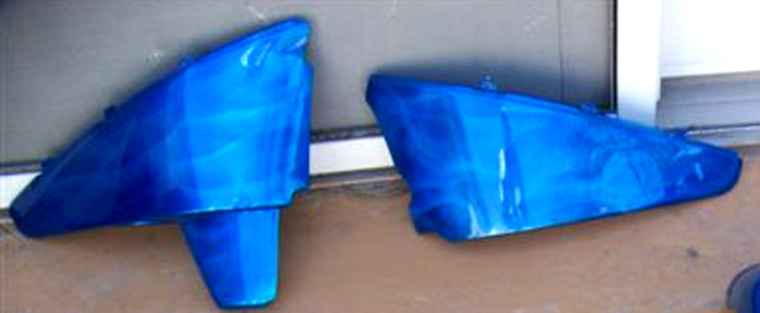 Motorcycle side covers Candy Blue with Ghost Flames